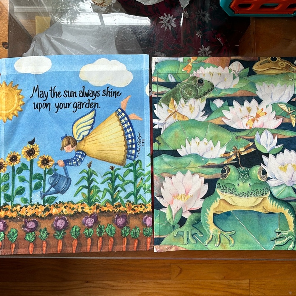 2 New Garden Flags 11” x 14.5” Signed 1” Holder Opening Smaller Size